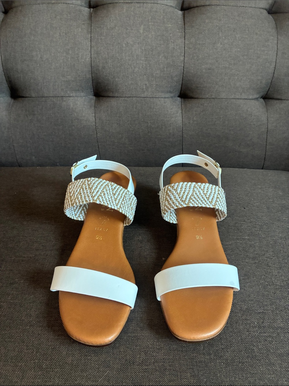 Italian Made White and Tan Braided Ankle-Strap Sandals